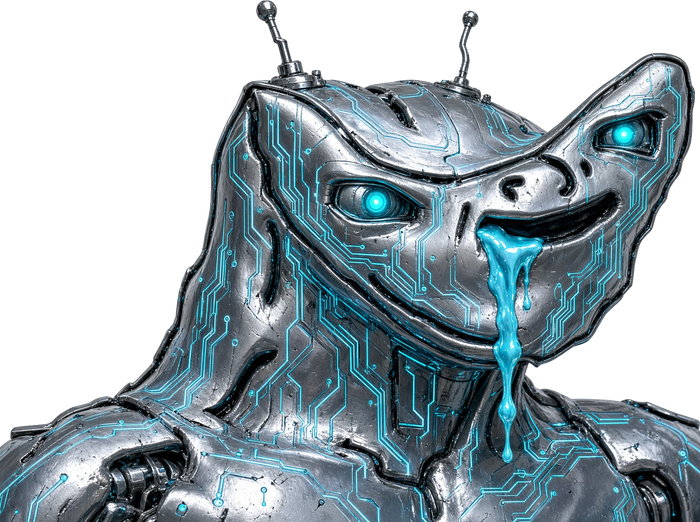 Jevf, a chrome robot with glowing cyan eyes, drooling coolant